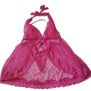 Frederick's of Hollywood Babydoll‎ Lingerie Set w/ Thong Pink Lace Sheer XL NWOT
